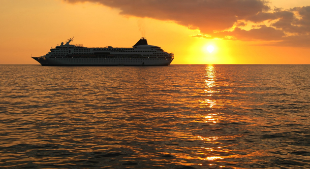 cruise ship at sunset