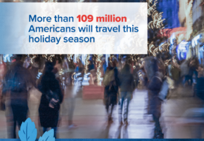 blurry photo of a busy airport with text overlay of how many people are traveling in December